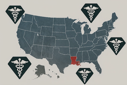 “Alabama highlighted within the Nurse Licensure Compact map, surrounded by multi-state medical symbols, representing the Alabama multistate nursing license.”