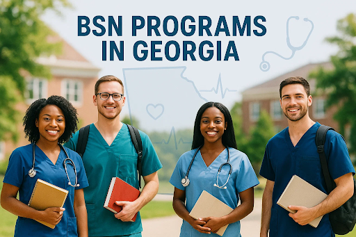 “Diverse nursing students on a Georgia university campus with a Georgia state map in the background.”