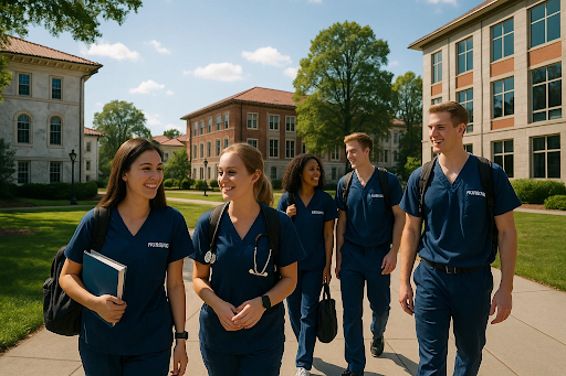 &ldquo;Georgia university campus with nursing students walking between academic buildings.&rdquo;