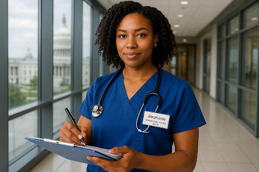 Nurse working on patient chart in a DC hospital after completing RN to BSN program