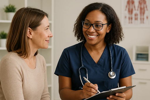 &ldquo;Nurse practitioner consulting with a patient inside a medical clinic in Georgia.&rdquo;