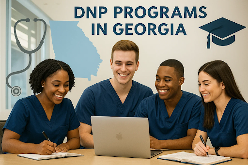 “Graduate nursing students in Georgia standing outside a university building for an article on DNP Programs in Georgia.”