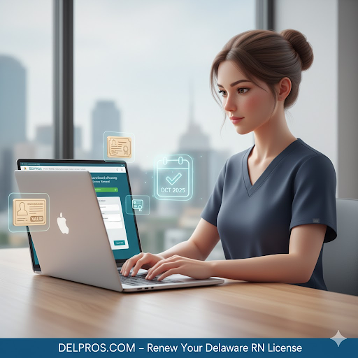 &ldquo;Nurse on a laptop renewing a Delaware nursing license online through DELPROS portal with a reminder calendar and license renewal form on screen.&rdquo;

