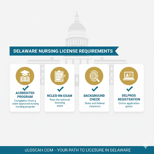 &ldquo;Checklist graphic displaying Delaware nursing license requirements including education, NCLEX exam, and background check, against a backdrop of Delaware State Capitol.&rdquo;
