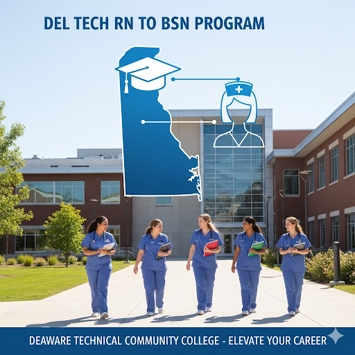&ldquo;Delaware Technical Community College campus exterior and online learning icons highlighting Del Tech RN to BSN program.&rdquo;
