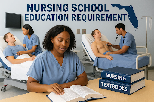 Nursing students in a simulation lab, illustrating the education requirements for a Florida nursing license