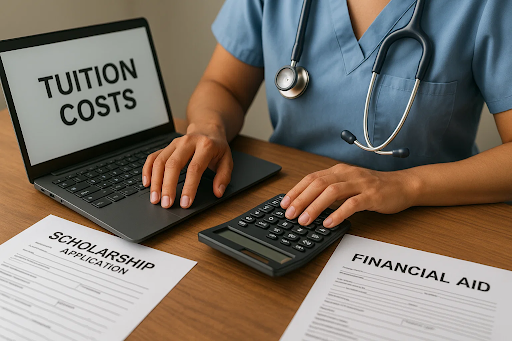 &ldquo;Nurse calculating tuition and financial aid costs for DNP programs.&rdquo;