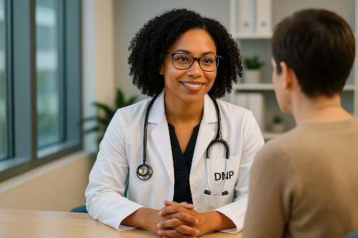 &ldquo;DNP-prepared nurse practitioner consulting with a patient in a clinic.&rdquo;