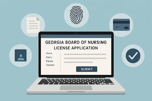 &ldquo;Laptop displaying the Georgia Board of Nursing license application process with supporting documentation icons.&rdquo;