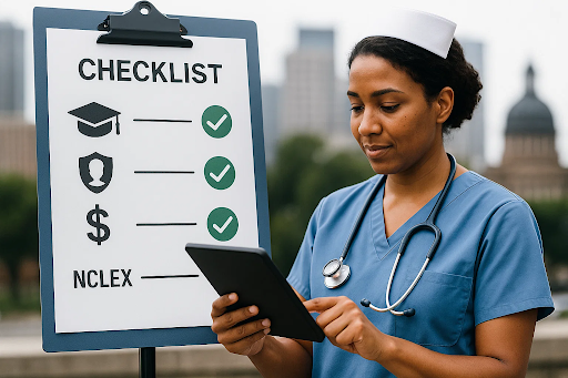&ldquo;Nurse reviewing a checklist of Georgia nursing license requirements with state-themed background.&rdquo;