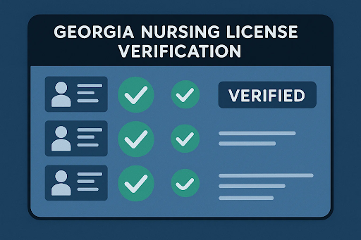 &ldquo;Digital illustration of a license verification dashboard showing Georgia nursing license lookup and verification status.&rdquo;