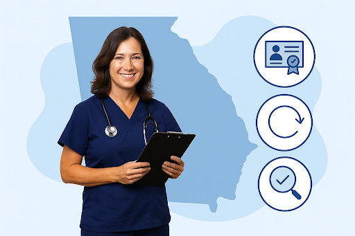 “Modern illustration of the state of Georgia with nursing and license verification icons representing the Georgia Nursing License process.”