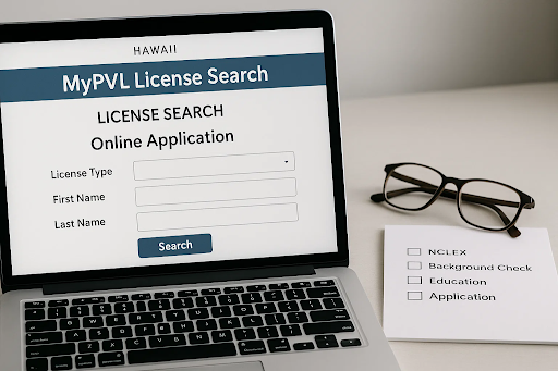 A digital screen displaying the Hawaii MyPVL portal and a list of requirements next to a laptop, representing the online application process
