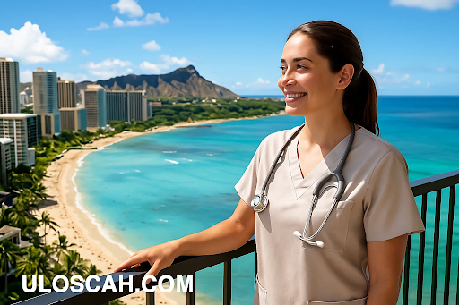 A nurse wearing scrubs stands on a balcony overlooking a bright, sunny beach and the Pacific Ocean in Hawaii, symbolizing a dream career.