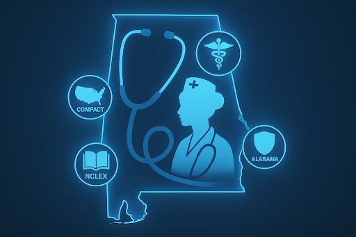 “Digital illustration of the Alabama state map with medical icons, a stethoscope overlay, and nursing symbols representing licensure, endorsement, and multistate compact requirements for becoming a nurse in Alabama.”