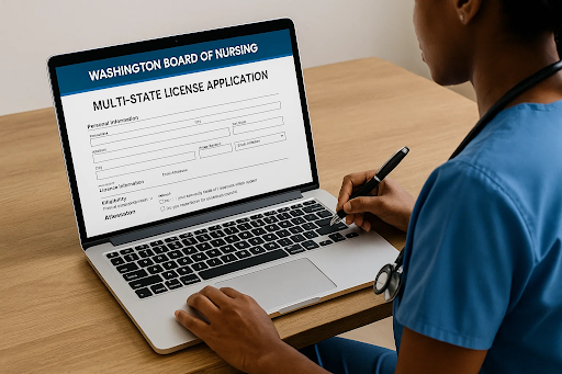 “Nurse filling out multistate license application on laptop showing Washington Board of Nursing portal.”