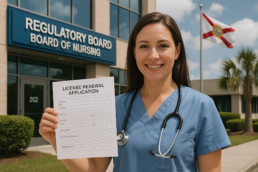 Nurse holding a license and renewal application, with background showing regulatory board building in Florida.
