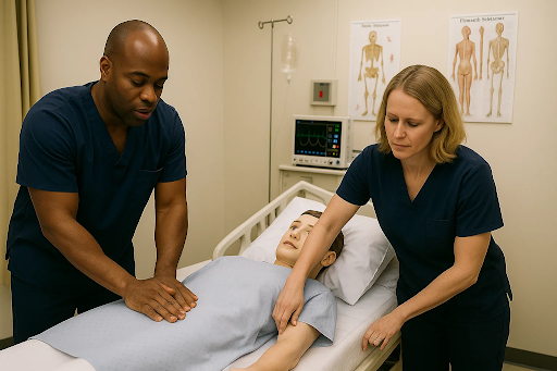 &ldquo;Nursing students practicing clinical skills in a simulation lab for entry-level MSN programs.&rdquo;