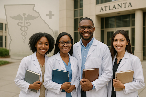 “Diverse MSN nursing students standing outside an Atlanta university with a Georgia state map overlay.”