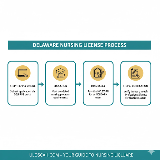 &ldquo;Infographic showing steps for obtaining a Delaware nursing license &mdash; from application on DELPROS to NCLEX exam and verification through the Delaware Board of Nursing.&rdquo;

