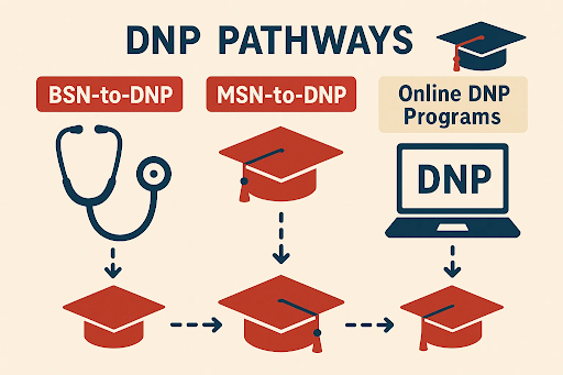 &ldquo;Graphic showing BSN-to-DNP, MSN-to-DNP, and online DNP program pathways in Georgia.&rdquo;