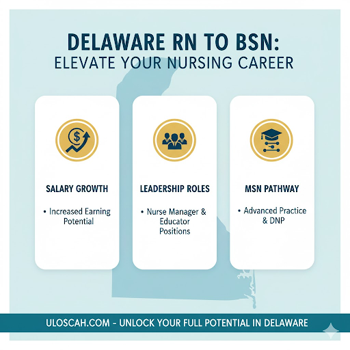 &ldquo;Infographic showing benefits of earning a BSN in Delaware &mdash; higher salary, leadership opportunities, and graduate program eligibility.&rdquo;
