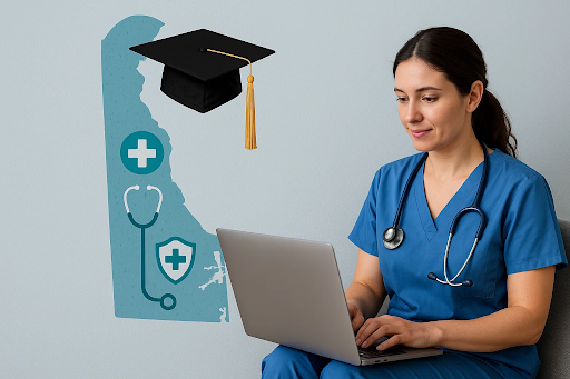 “Delaware nurse studying online for BSN degree with laptop, stethoscope, and state map background — representing RN to BSN programs in Delaware.”