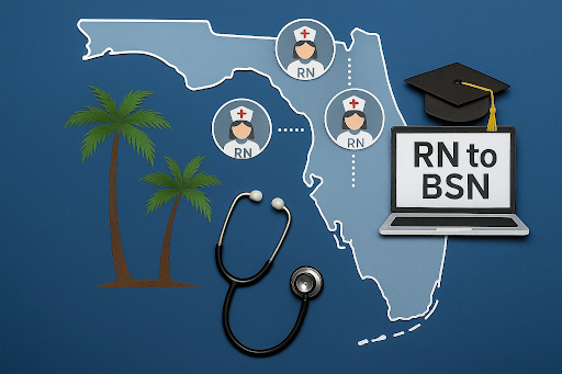 “Digital illustration of the Florida map with nursing icons, a stethoscope, and online learning graphics representing RN to BSN programs across Florida.”