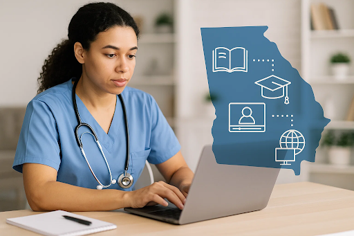 &ldquo;Nurse completing online RN to BSN program in Georgia from home workstation.&rdquo;