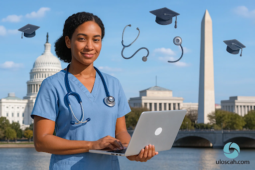 “Registered nurse standing in front of the Washington, D.C. skyline with the U.S. Capitol, representing RN to BSN programs and nursing education advancement.”
