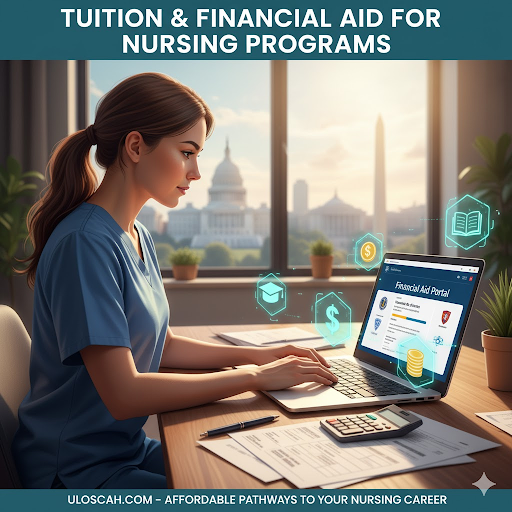 &ldquo;Nursing student in Washington, D.C. reviewing tuition and financial aid documents, symbolizing scholarships and tuition reimbursement options for RN to BSN programs.&rdquo;