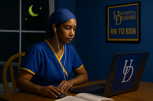 &ldquo;Nurse completing University of Delaware&rsquo;s online RN to BSN coursework from home on a tablet.&rdquo;
