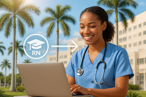 A smiling nurse in blue scrubs with a stethoscope around her neck sits outdoors with palm trees and a building in the background, working on a laptop. An overlaid graphic shows an "RN" icon with a graduation cap above it, pointing with an arrow towards her, symbolizing an RN advancing their education.