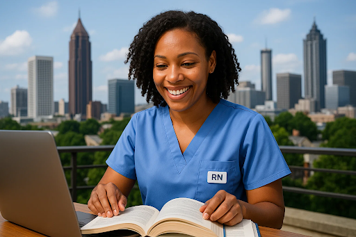 &ldquo;Georgia RN studying coursework with Atlanta skyline, symbolizing career advancement through BSN education.&rdquo;