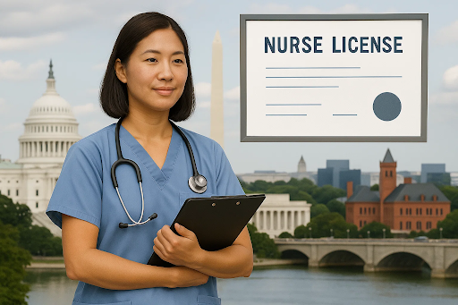 Washington D.C. nurse holding a license certificate with the U.S. Capitol in the background.