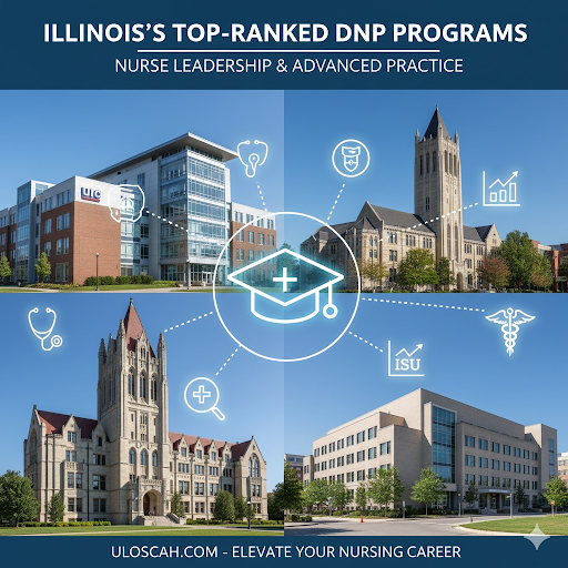 “Four Illinois university campus buildings—UIC, Rush, Loyola, and ISU—collaged with nursing icons representing accredited DNP programs.”