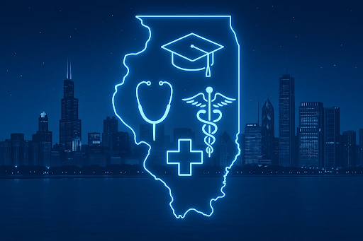 “Digital illustration of Illinois map with medical icons, stethoscope overlay, and a nurse silhouette representing advanced practice and DNP programs in the state.”