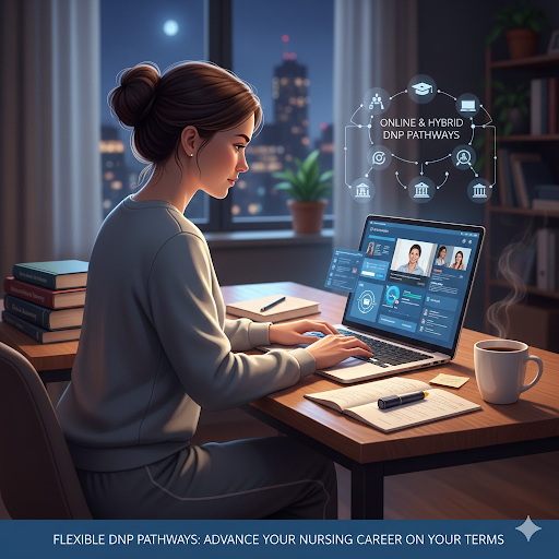 “Nurse studying online from home with laptop, textbooks, and coffee, symbolizing the flexibility of online and hybrid DNP pathways.”