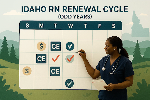 Calendar with renewal dates highlighted and a nurse marking completion of continuing education activities.