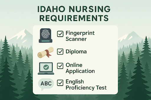 Checklist graphic showing application, background check, transcripts, education, and NCLEX exam symbols.