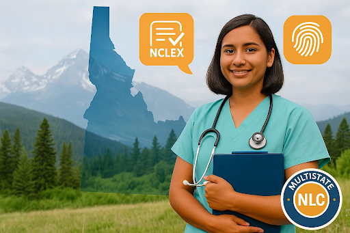 Map of Idaho with a nurse silhouette, mountain landscape, and digital icons representing licensure, NCLEX exams, and the Nurse Licensure Compact.