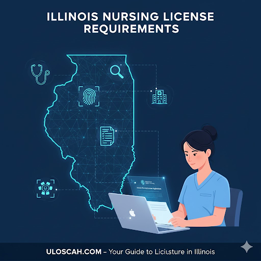 Illustration of Illinois map with nursing icons, medical documents, and a stethoscope representing the state’s nursing license requirements.