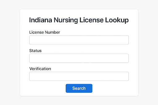 Screenshot-style illustration of a public license verification tool with fields for license number, status, and expiration date.