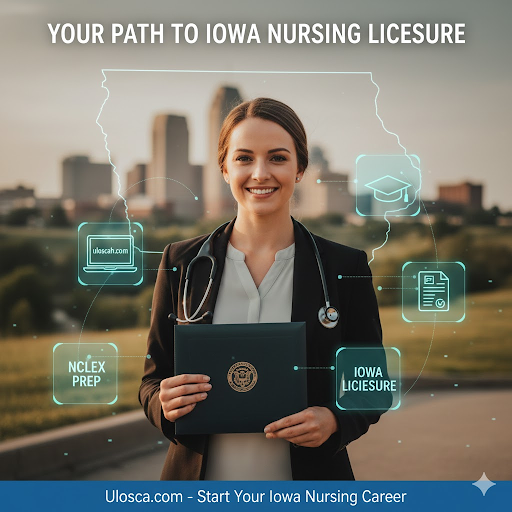 Nursing graduate completing Iowa nursing license requirements after finishing an accredited program.