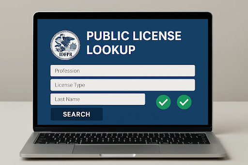 &ldquo;Laptop showing Illinois nursing license lookup tool with verification checkmark.&rdquo;