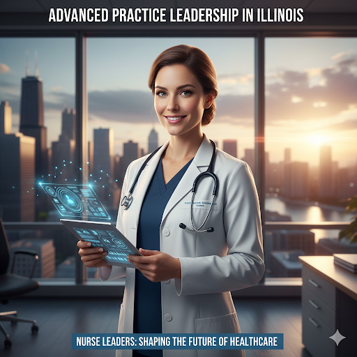 “Confident nurse reviewing clinical data on a tablet with Chicago skyline blurred in the background, symbolizing Illinois healthcare leadership.”