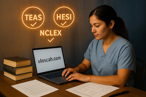 Nursing student using uloscah.com test banks with exam icons floating around.
