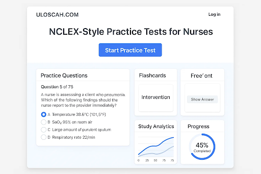 Dashboard view of uloscah.com featuring practice questions, flashcards, and study tools for nursing exam prep.
