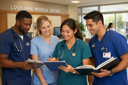 “Nursing students in clinical scrubs reviewing patient charts in a Louisiana hospital while preparing for BSN and RN-to-BSN programs.”