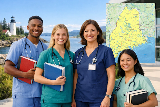 “BSN nursing students and a registered nurse in Maine representing nursing education and career opportunities.”